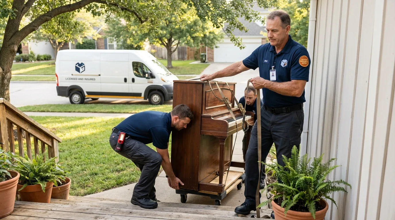 Licensed piano movers securing grand piano in Bristol, WI