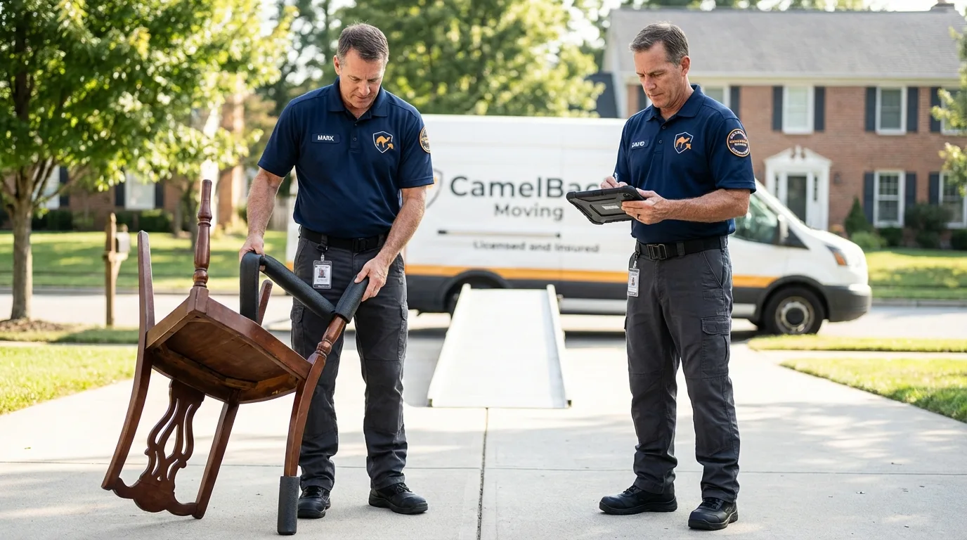 Movers inspecting furniture for damage prevention before loading in Bristol, WI