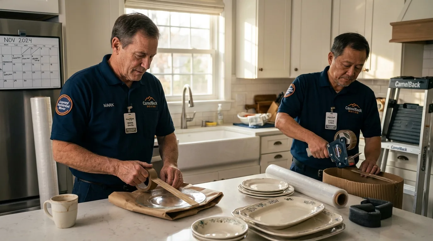 Professional crew packing kitchen dishware in Bristol, WI